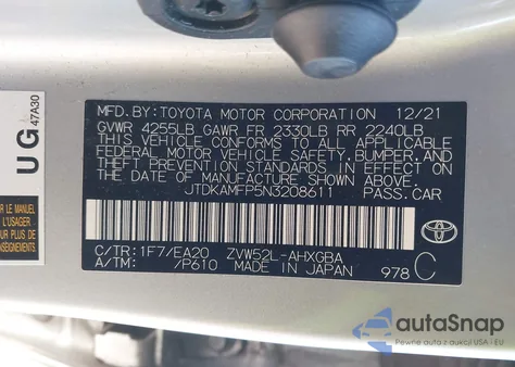 2022 Toyota Prius Prime Xle from USA, damaged, VIN JTDKAMFP5N3208611